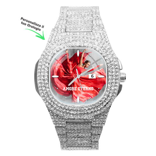 Orologio da polso Personalizzato con Datario - modello Unisex con Zirconi - INTERSTELLAR WATCH - Quadrante personalizzato con rilievo effetto 3D